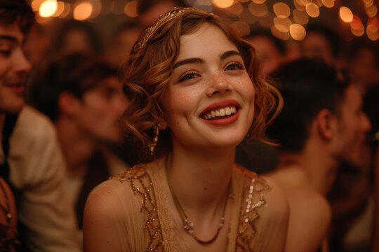 Woman smiling in front of group at vintage 1920s themed party