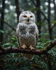 Fototapeta premium Sparrow, Eagle, Hawk, Owl, Pigeon, Crow, Robin, Parrot, Penguin, Flamingo, Swan, Hummingbird, Peacock, Woodpecker, Seagull, Toucan, Canary, Finch, Peli sitting on a branch in the natural green forest