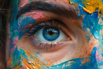 Close up of persons eye covered in paint