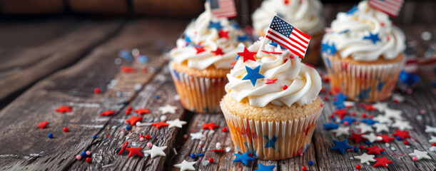 Set of cupcakes with white frosting and American flag toppers. Independence Day. - Powered by Adobe