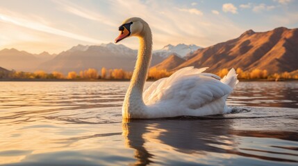 Fototapeta premium Majestic Swan Gliding on Sunset Lake - Elegance and Tranquility in Nature