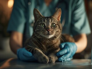 A tabby cat sits calmly on an examination table, held gently by a veterinarian wearing blue gloves.