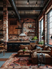 loft with exposed brick, metal beams, and industrial elements, creating a unique and edgy living space.