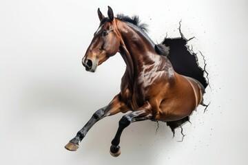 Obraz premium horse jumping throught white wall hole