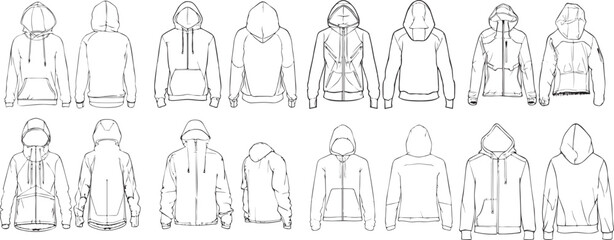 Hoodie jacket design flat sketch Illustration, outerwear and workout in winter, Hooded sweater jacket with front and back view cad drawing template