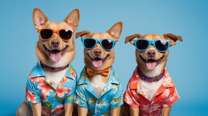 Three fun dogs wearing sunglasses and Hawaiian shirt.