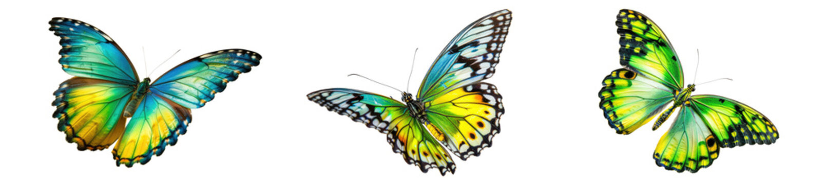 Fototapeta set of beautiful blue green yellowbutterflys isolated on white or transparent png