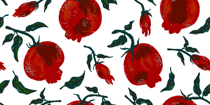 Fototapeta Pomegranates with leaves. Texture fruits. Plant organic pattern. Cartoon style. Hand drawn elements. Vector seamless overlapping pattern.