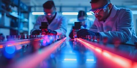 Quantum optics lab with lasers photon detectors and scientists conducting experiments. Concept Quantum Optics, Lasers, Photon Detectors, Scientists, Experiments
