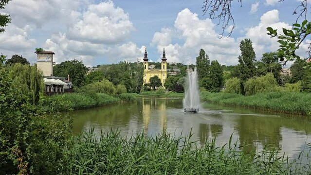 Botomless lake (Feneketlen to) with Szent Imre Church in Budapest Hungary