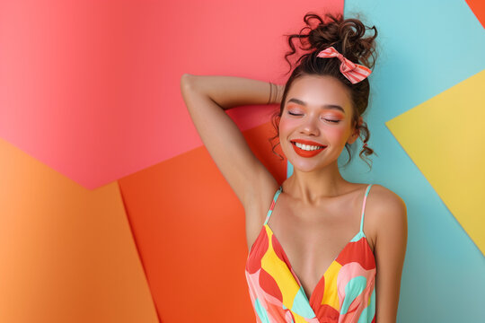 Beautiful, smiling, happy girl, with a lovely smile and teeth. Colors are yellow, blue, pink. Summer concept. 