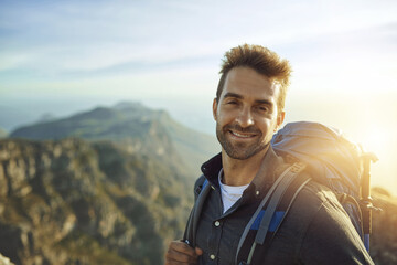 Portrait, fitness and hiking with man, smile and journey with nature, hobby and getaway trip....