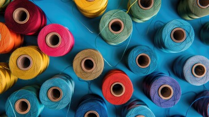 Colorful sewing spools arranged separately on a blue backdrop