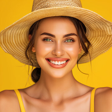 Beautiful, smiling, happy girl, with a lovely smile and teeth. Colors are yellow, blue, pink. Summer concept. 