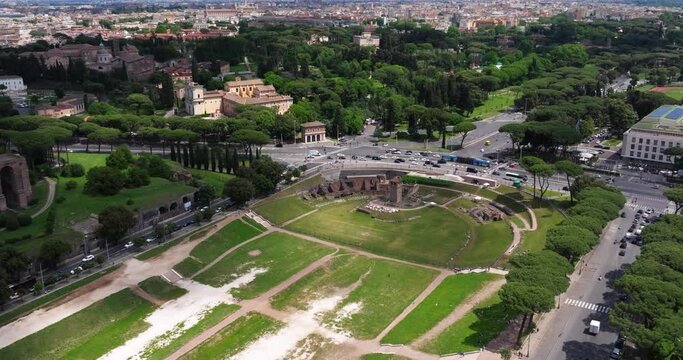 Birds Eye Aerial View Above Moletta Tower at Circo Massimo. Rome, Italy