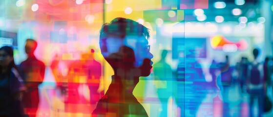 Silhouette of a person against a vibrant, colorful background with abstract digital effects, creating a modern and futuristic feel.