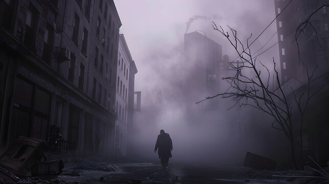 A dramatic scene of a lone zombie emerging from the fog in a desolate, abandoned city street at dusk, with the soft, diffused light casting eerie shadows that emphasize the decay and desolation.