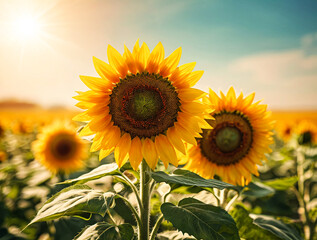Obraz premium Blooming sunflower field with blue sky and sunlights