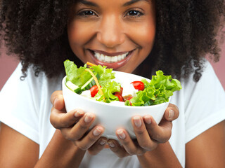 Smile, health and woman with bowl of salad for wellness, fresh and detox lunch meal with...