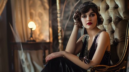 Gorgeous young woman in roaring twenties fashion, poised elegantly on a vintage chair at a themed party, exemplifying classic 1920s glamour and style.