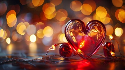 Glowing glass heart with bokeh lights symbolizing love and romance