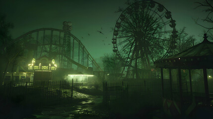 A haunting scene of zombies wandering through an abandoned amusement park at night, with the dim, flickering lights of the rides casting eerie shadows and creating a nightmarish, surreal atmosphere.