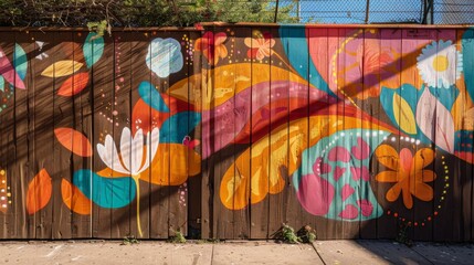 A colorful graffiti on a wooden fence