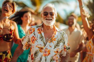 Fototapeta premium Elderly man dancing at a beach party, elder and female participants celebrating, aged people enjoying holiday