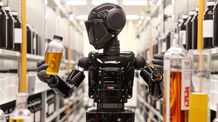 Fototapeta premium a sophisticated robot seamlessly assists scientists in conducting experiments, using precise measurements and expertly mixing chemicals for analysis with unparalleled accuracy.