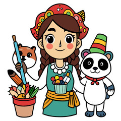 Bohemian Artist Girl A bohemian girl with a paintbrush, holding a colorful drink, accompanied by an artist cat and a creative panda.