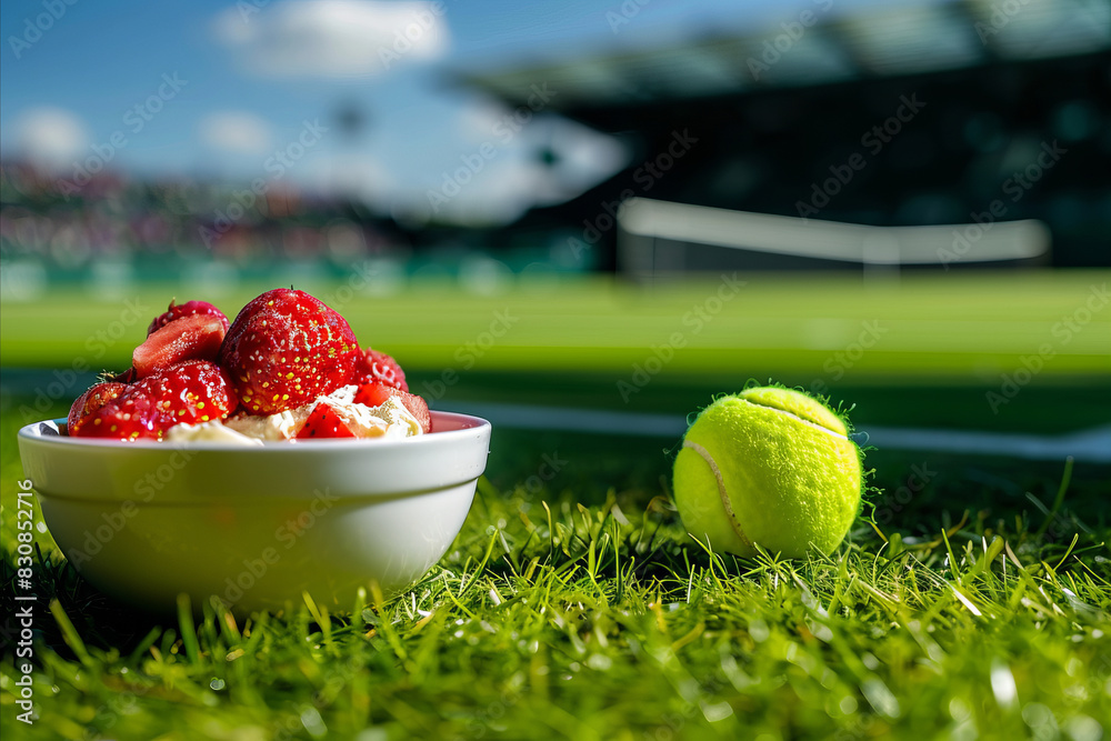 Wall mural a bowl of strawberries and cream on a tennis court with a tennis stadium blurred in the background