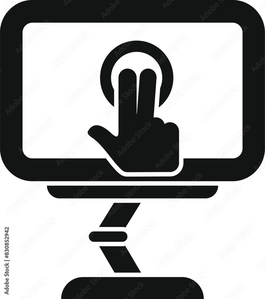 Poster black and white vector icon showing a hand touching a computer monitor, symbolizing interaction with
