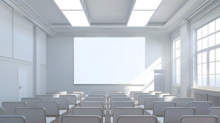 Fototapeta premium Classroom Interior with Large Blank White Screen for Educational Presentations