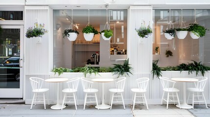 Chic Urban Cafe Exterior Featuring Pristine White Decor and Lush Window Planters