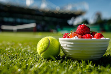a bowl of strawberries and cream on a tennis court with a tennis stadium blurred in the background