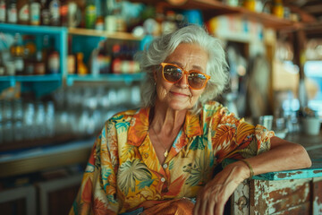 Obraz premium Elderly woman at a beach bar, pensioner having a drink, leisure and enjoyment in a sunny resort.