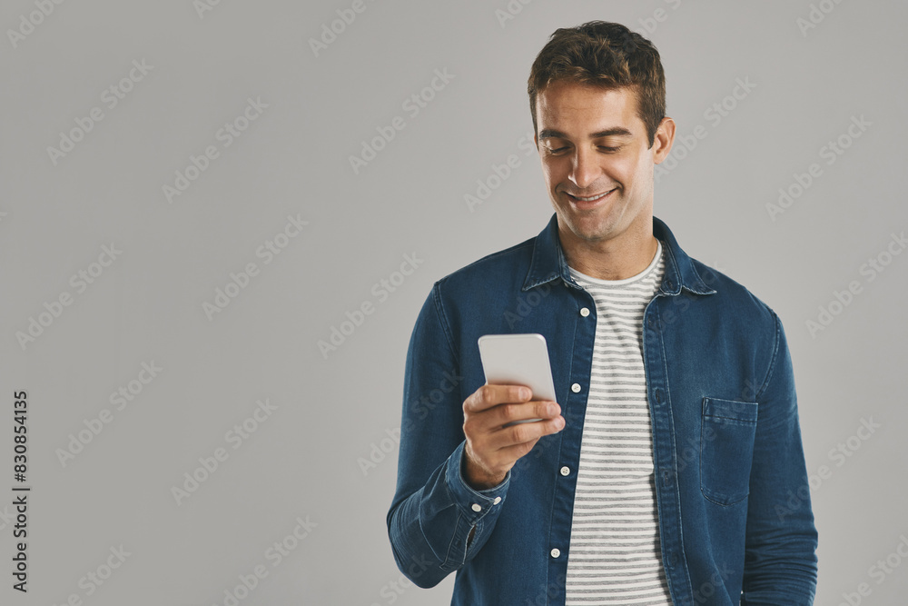 Poster studio, man and smartphone with laugh, funny news and comedy with contact by mockup. creative worker