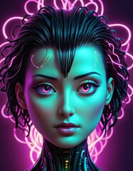 A stunning portrait of a woman with neon lighting and cybernetic enhancements, blending human and technology in a futuristic aesthetic. Her intense gaze and detailed features create a striking visual.