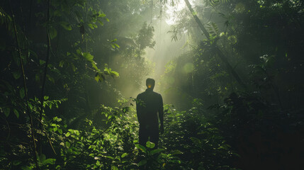 Fototapeta premium A man walks through a dark forest among trees and phenomena