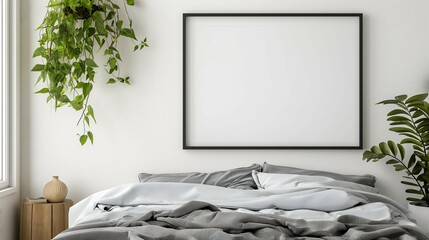 Frame mockup, modern bedroom home interior, wall poster frame, 3D render