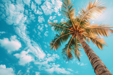 Palm tree on sky bottom view copy space