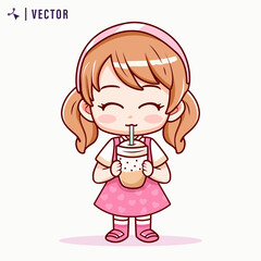 Kawaai Little Girl Drinking Boba Milk Tea Vector Illustration. Cute girl holding bubble tea logo banner hand drawn cartoon art illustration