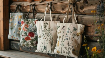 Fototapeta premium Cluster of organic cotton tote bags, adorned with vibrant nature-inspired prints, hangs on a rustic wall hook. This scene celebrates sustainable fashion with a touch of artistic flair