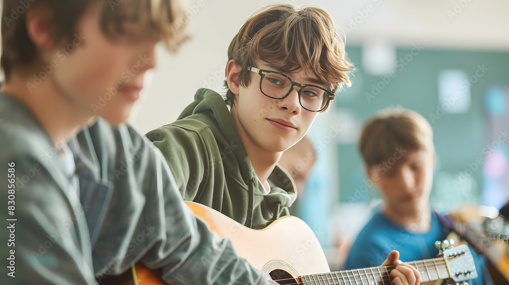 Wall mural Male teenage students leaning guitar in music class at high school