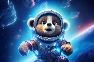 Adorable Cartoon Bear Astronaut Floating in Space