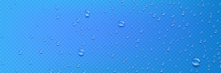 Condensation water drop on deep blue background. Vector realistic set of aqua liquid flows. Rain drops on glass effect.