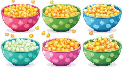 Collage of bowls with colorful corn puffs on white background