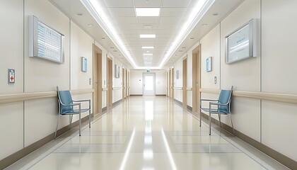 Fototapeta premium Long hospital bright corridor with rooms and seats 3D rendering