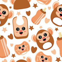 seamless pattern of set of baby things, namely rattle toy, pacifier, feeding bottle, bib and hat with animal image, namely monkey, for packaging, design or textile