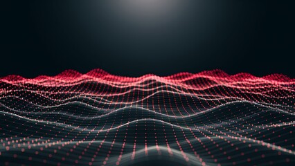 wireframe digital landscape with peaks and valleys on dark red background